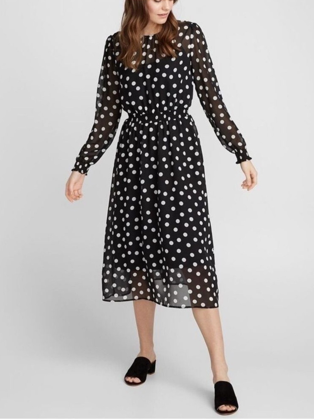 Olivaceous Polka Dot Smocked Waist Sheer Dress with Black Under Slip